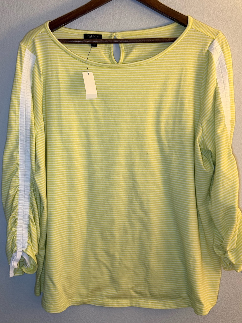 Talbots Lemon Stripe Long Sleeve Crewneck Top with White Sleeve Stripe